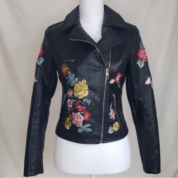 Romeo & Juliet Couture small Moto jacket black Faux Leather embroidered flowers - Picture 10 of 16
